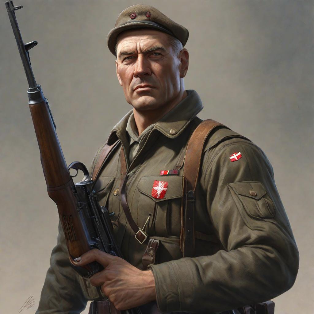 Freddy carter as a member of the Polish resistance in World War II , realistic, portrait, art by donato giancola and greg rutkowski, realistic face, digital art, trending on artstation hyperrealistic, full body, detailed clothing, highly detailed, cinematic lighting, stunningly beautiful, intricate, sharp focus, f/1. 8, 85mm, (centered image composition), (professionally color graded), ((bright soft diffused light)), volumetric fog, trending on instagram, trending on tumblr, HDR 4K, 8K