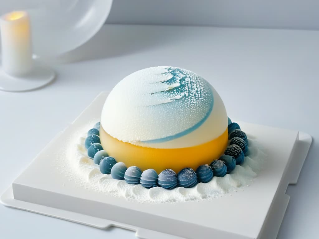  A closeup, ultradetailed image of a delicate, ethereal sphere of foam hovering above a sleek, modernist dessert plate. The foam is perfectly spherical, with a myriad of tiny bubbles catching and refracting light, giving off a soft, iridescent glow. The plate below is a study in minimalism, a stark white expanse that serves to emphasize the intricate beauty of the foam above. The overall effect is one of elegance and sophistication, perfectly encapsulating the ethereal nature of molecular gastronomy in desserts. hyperrealistic, full body, detailed clothing, highly detailed, cinematic lighting, stunningly beautiful, intricate, sharp focus, f/1. 8, 85mm, (centered image composition), (professionally color graded), ((bright soft diffused light)), volumetric fog, trending on instagram, trending on tumblr, HDR 4K, 8K