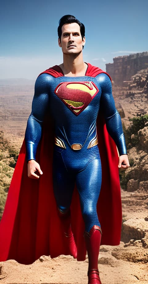 redshift style superman in Morocco hyperrealistic, full body, detailed clothing, highly detailed, cinematic lighting, stunningly beautiful, intricate, sharp focus, f/1. 8, 85mm, (centered image composition), (professionally color graded), ((bright soft diffused light)), volumetric fog, trending on instagram, trending on tumblr, HDR 4K, 8K