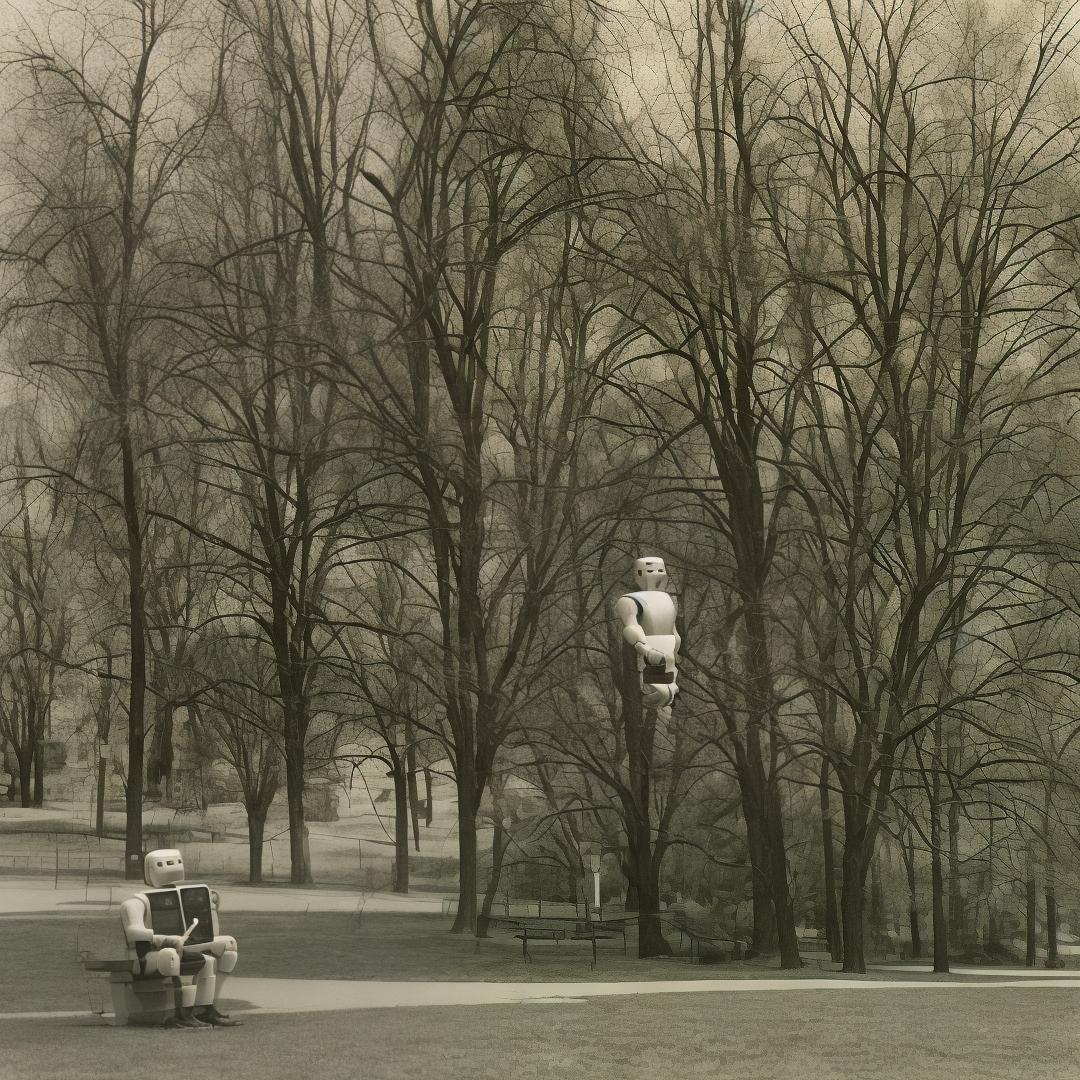 analog style a robot sitting in a park