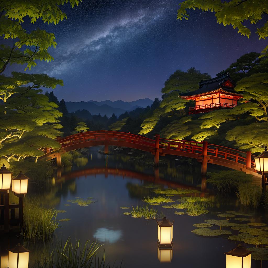  masterpiece, best quality,(fidelity: 1.4), best quality, masterpiece, ultra high resolution, 8k resolution, night view inspired by Japanese art, featuring a garden illuminated by paper lanterns and a wooden bridge spanning a tranquil lake with a small Zen temple by the lake. The water reflects the stars.