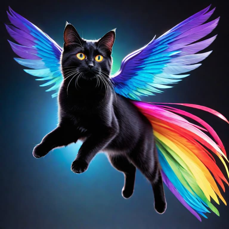  Subject Detail: The image depicts a majestic flying cat with vibrant rainbow wings and a superhero cape. The cat's fur is a lustrous shade of midnight black, glistening under the sunlight. Its eyes radiate a confident and determined expression, shimmering with an intensity that commands attention. The wings are adorned with vivid colors of the rainbow, each feather reflecting a dynamic spectrum. The cape, billowing in the wind, has a dramatic red hue with a golden emblem of a paw print symbolizing the cat's heroism. 

Medium: This artwork will be created as a digital illustration. 

Art Style: The desired art style for this image is a and whimsical combination of pop art and surrealism, blending vibrant colors and imaginative elemen