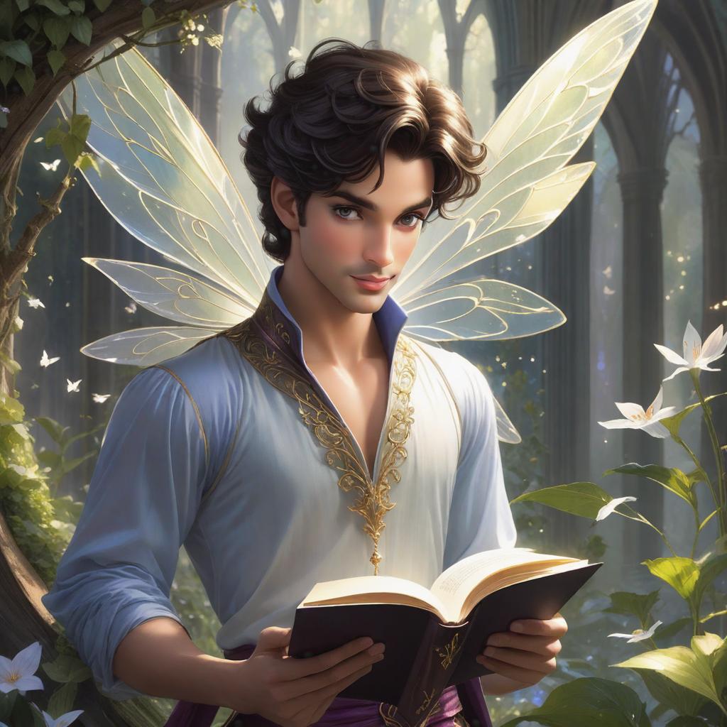  <PROMPT>
Add more intricate details to the prince's expression, capturing a wider range of emotions and adding depth to his character. Enhance the transparency of the fairy's wings, giving them a mysterious and ethereal quality. Create a sense of immersion by making the floating books and pages appear as if they are being drawn into the enchanting fairytale world. hyperrealistic, full body, detailed clothing, highly detailed, cinematic lighting, stunningly beautiful, intricate, sharp focus, f/1. 8, 85mm, (centered image composition), (professionally color graded), ((bright soft diffused light)), volumetric fog, trending on instagram, trending on tumblr, HDR 4K, 8K