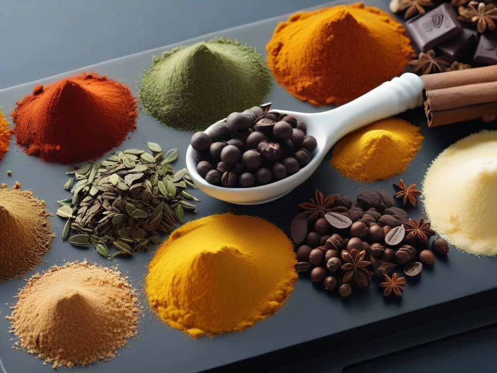  An ultradetailed image of a diverse array of ethically sourced fair trade ingredients neatly arranged on a sleek, modern kitchen countertop. The image features vibrant spices, rich chocolates, exotic fruits, and aromatic vanilla beans, each item meticulously placed to showcase its unique texture and color. The soft, natural light streaming in from a nearby window highlights the organic origins of the ingredients, while the clean lines and minimalist aesthetic of the setting exude a sense of professionalism and sophistication. hyperrealistic, full body, detailed clothing, highly detailed, cinematic lighting, stunningly beautiful, intricate, sharp focus, f/1. 8, 85mm, (centered image composition), (professionally color graded), ((bright soft diffused light)), volumetric fog, trending on instagram, trending on tumblr, HDR 4K, 8K