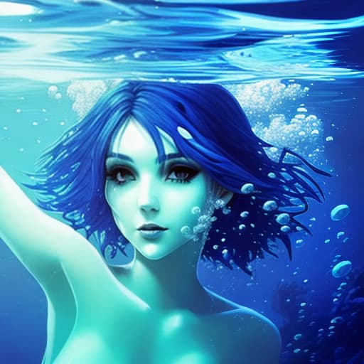  A beautiful woman under water with short blue hair no reaciton