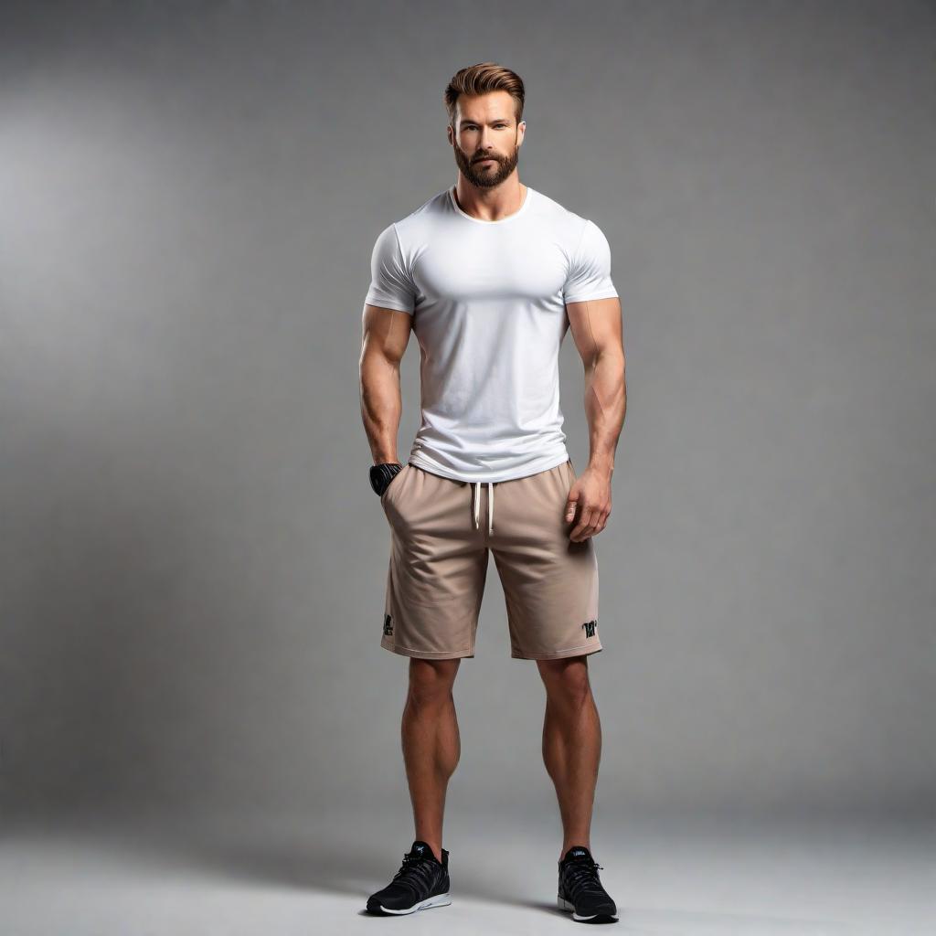  Draw an anonymous, fictional male character who is about five foot eight with light brown hair and a short beard. He should be athletic in build, suggestive of a professional MMA fighter, yet dressed casually. The man is wearing a plain t-shirt and really short gym shorts. The overall image should be appropriate and not include any identifiable features of any real person. hyperrealistic, full body, detailed clothing, highly detailed, cinematic lighting, stunningly beautiful, intricate, sharp focus, f/1. 8, 85mm, (centered image composition), (professionally color graded), ((bright soft diffused light)), volumetric fog, trending on instagram, trending on tumblr, HDR 4K, 8K