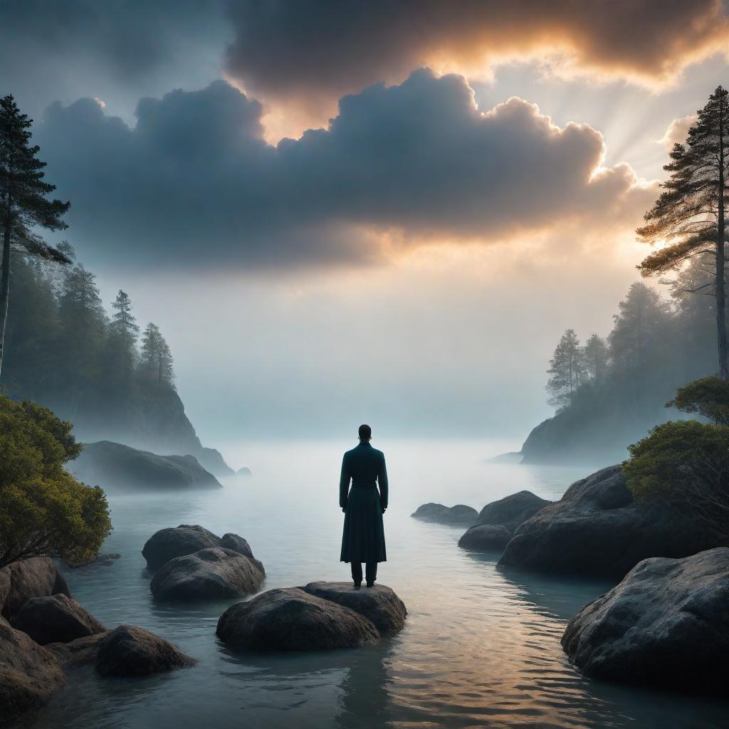  An image depicting an abstract concept of a divine whisper. The scene is ethereal, with soft, radiant light suggesting a heavenly atmosphere. Somewhere in the light, the silhouette of a person can be seen, looking expectant or thoughtful, as if they are listening intently to a gentle whisper that is not audible to others. The surrounding environment is peaceful and surreal, possibly with elements of nature like clouds or a calm sea, to enhance the feeling of a spiritual encounter. The overall tone of the image should be uplifting and inspiring, with a touch of mystery. hyperrealistic, full body, detailed clothing, highly detailed, cinematic lighting, stunningly beautiful, intricate, sharp focus, f/1. 8, 85mm, (centered image composition), (professionally color graded), ((bright soft diffused light)), volumetric fog, trending on instagram, trending on tumblr, HDR 4K, 8K