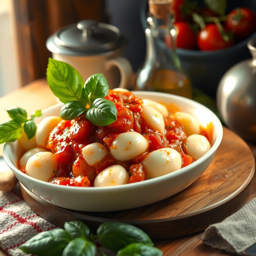  a rustic italian kitchen setting with a freshly baked dish of gnocchi alla sorrentina. the gnocchi is golden and bubbling with melted mozzarella, surrounded by a vibrant tomato sauce. fresh basil leaves and a drizzle of olive oil add a finishing touch, capturing the essence of authentic italian cuisine. s 50 v 6.0 hyperrealistic, full body, detailed clothing, highly detailed, cinematic lighting, stunningly beautiful, intricate, sharp focus, f/1. 8, 85mm, (centered image composition), (professionally color graded), ((bright soft diffused light)), volumetric fog, trending on instagram, trending on tumblr, HDR 4K, 8K