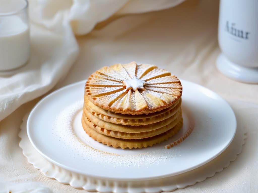  A closeup, ultradetailed image of a perfectly goldenbrown Danish butter cookie with delicate ridges on its surface, placed on a pristine white porcelain plate. The cookie is dusted with a light sprinkling of powdered sugar, and tiny, glistening sugar crystals catch the light, emphasizing its buttery texture. The background is softly blurred, highlighting the cookie as the elegant focal point of the image. hyperrealistic, full body, detailed clothing, highly detailed, cinematic lighting, stunningly beautiful, intricate, sharp focus, f/1. 8, 85mm, (centered image composition), (professionally color graded), ((bright soft diffused light)), volumetric fog, trending on instagram, trending on tumblr, HDR 4K, 8K