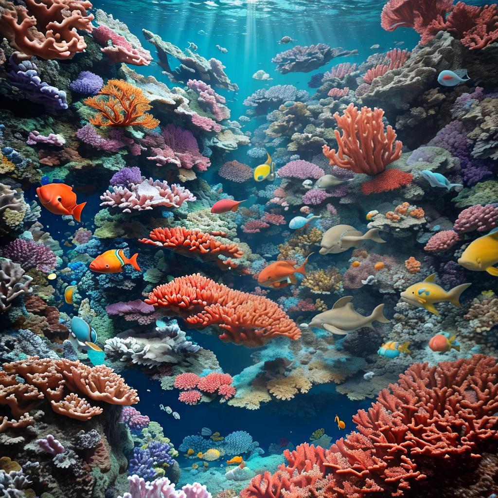  masterpiece, best quality, beautiful deep sea full of corals, diverse marine life and fascinating underwater landscapes with corals, appendages, small fish, anemones, dolphins, various algae, caves, colorful, 8k resolution and intricate detail