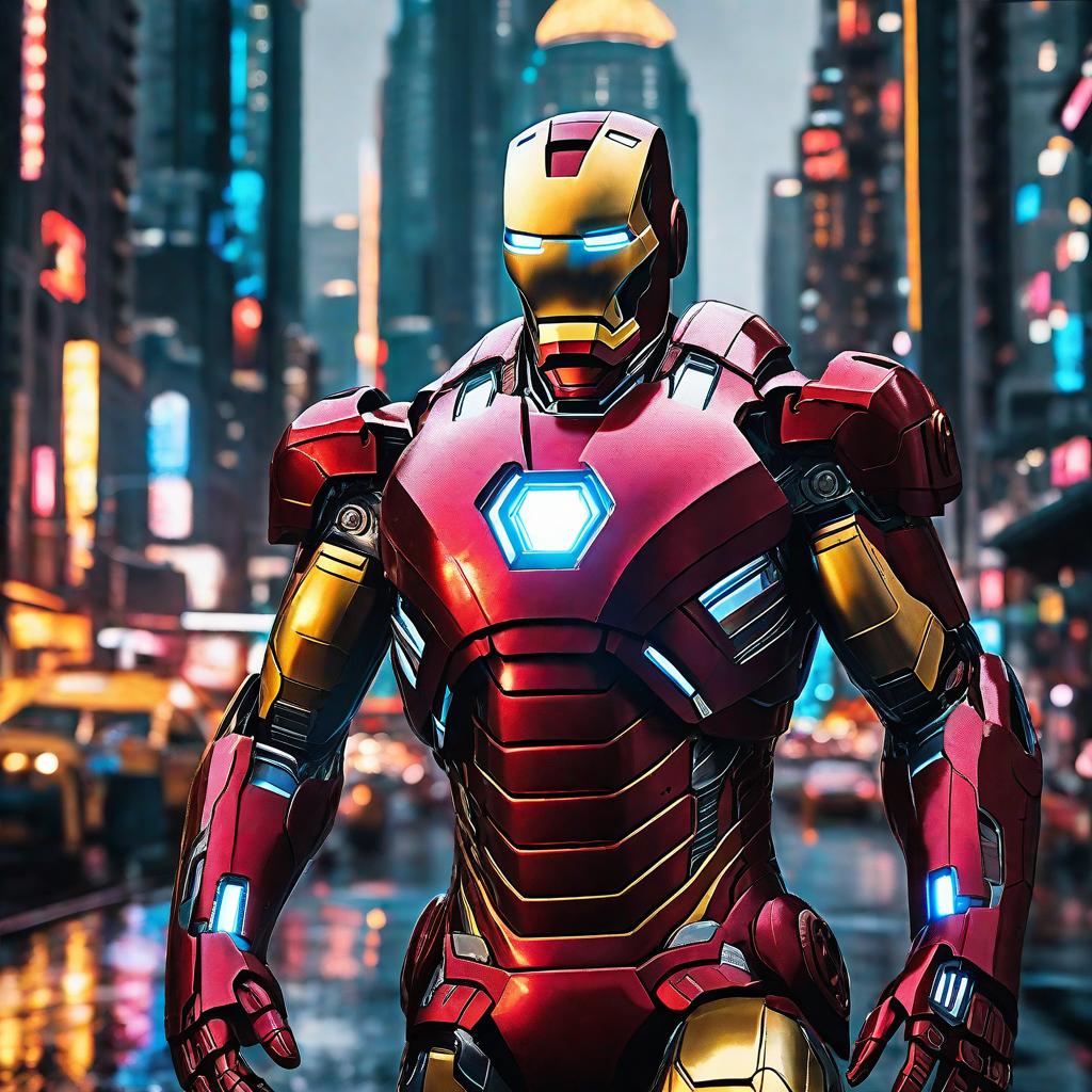  masterpiece, best quality, masterpiece, 8k resolution, realistic, highly detailed, Iron Man close-up. He stands on a street lined with tall buildings in a cyberpunk style city at night. The city's night lights are bright, and the surrounding buildings and streets are full of cyberpunk elements such as neon lights, high-tech equipment and futuristic architectural design.