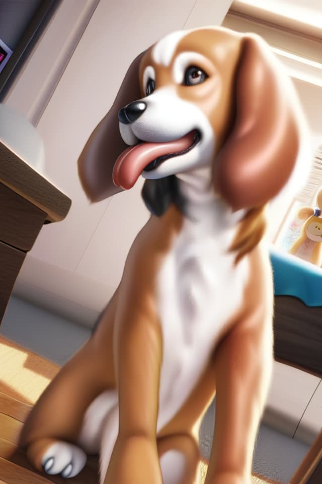  ((drooping dog ears、lop beagle's ears))、(holding 🎮:1.6、accurate hands)、gaming girl、anthropomorphic furry beagle girl、tongue out smiling、dutch angle、best quality:1.4、masterpiece:1.4、ultra detailed texture、RAW photorealistic:1.4、absurd resolution、8K illustration、💩、