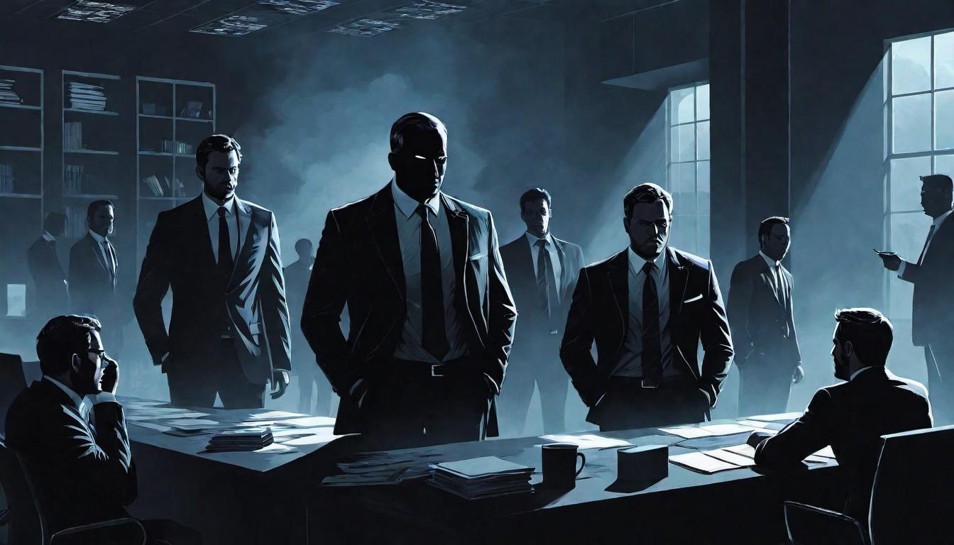  （surrealism)A group of shadowy figures with sly expressions, dressed in business attire, lurking around an office space, draining energy from the atmosphere, tension, manipulation mystic, intricate details, best quality)