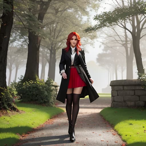   red head irish walking in the park hyperrealistic, full body, detailed clothing, highly detailed, cinematic lighting, stunningly beautiful, intricate, sharp focus, f/1. 8, 85mm, (centered image composition), (professionally color graded), ((bright soft diffused light)), volumetric fog, trending on instagram, trending on tumblr, HDR 4K, 8K