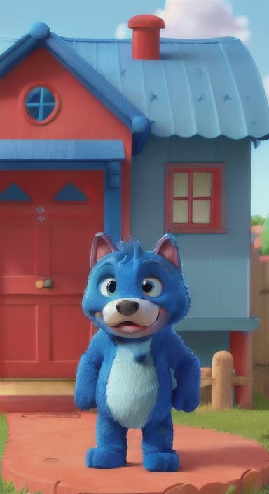  {Max the big blue dog standing in front of a cozy little house with a red door, The big blue dog is large with sky blue fur, big round eyes, a black nose, and floppy ears.