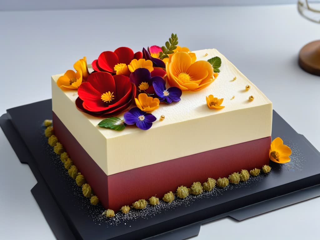  An ultradetailed closeup image of a vibrant, meticulously crafted geometric dessert, showcasing intricate layers of colorful mousse, delicate edible flowers, and shimmering gold leaf accents. The dessert sits on a sleek, matte black plate, set against a stark white backdrop, emphasizing the precision and artistry of modern pastry techniques. hyperrealistic, full body, detailed clothing, highly detailed, cinematic lighting, stunningly beautiful, intricate, sharp focus, f/1. 8, 85mm, (centered image composition), (professionally color graded), ((bright soft diffused light)), volumetric fog, trending on instagram, trending on tumblr, HDR 4K, 8K