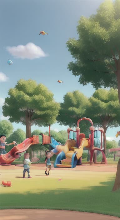  {Children playing in a sunny park with swings and slides., Same group of happy children, now wearing casual play clothes.