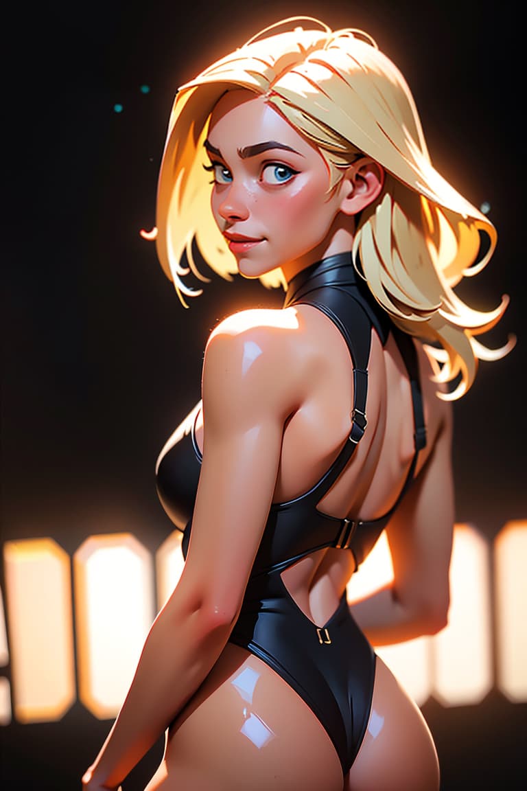  (masterpiece,  best quality:1.2), smiling,  (depth of field:1.1),  photo of person, woman, one piece, black thong, looking back over shoulder, long hair, medium shot, perfect face, blonde, perfect picture,  detailed eyes , cinematic lighting , sharp focus, white photo studio