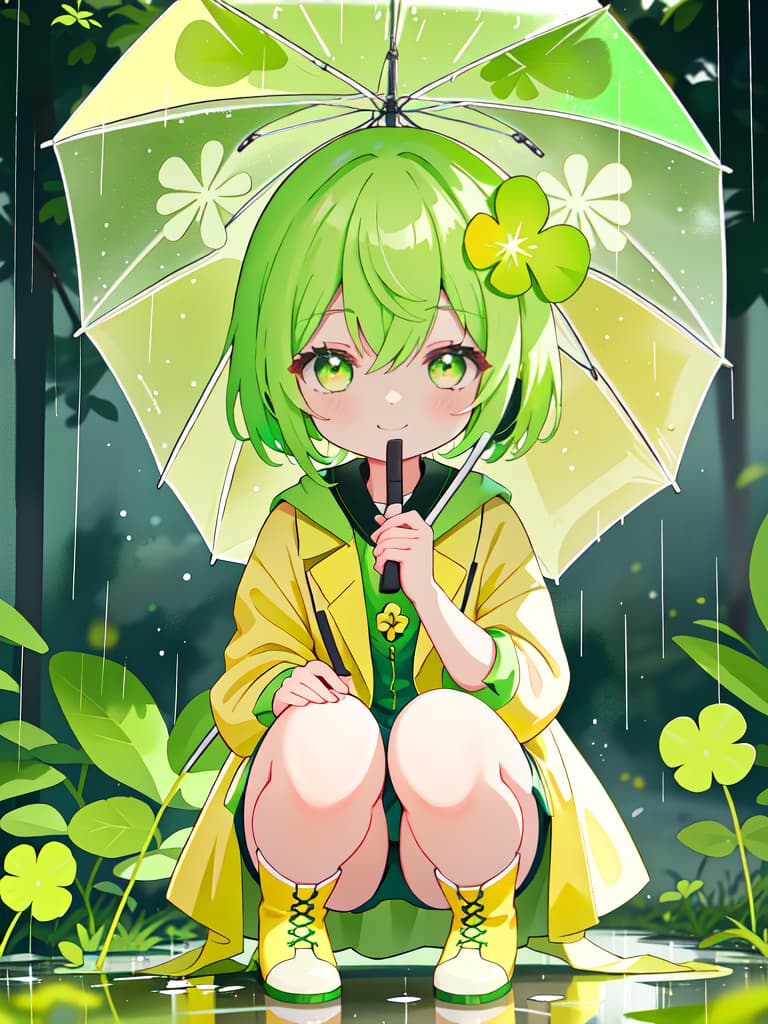  Staring at the four leaf clover with an umbrella in the rain, a yellow raincoat and a yellow green haired girl character in boots, crouching and staring at the on the ground and staring with a smile., masterpiece, best quality,8k,ultra detailed,high resolution,an extremely delicate and beautiful,hyper detail