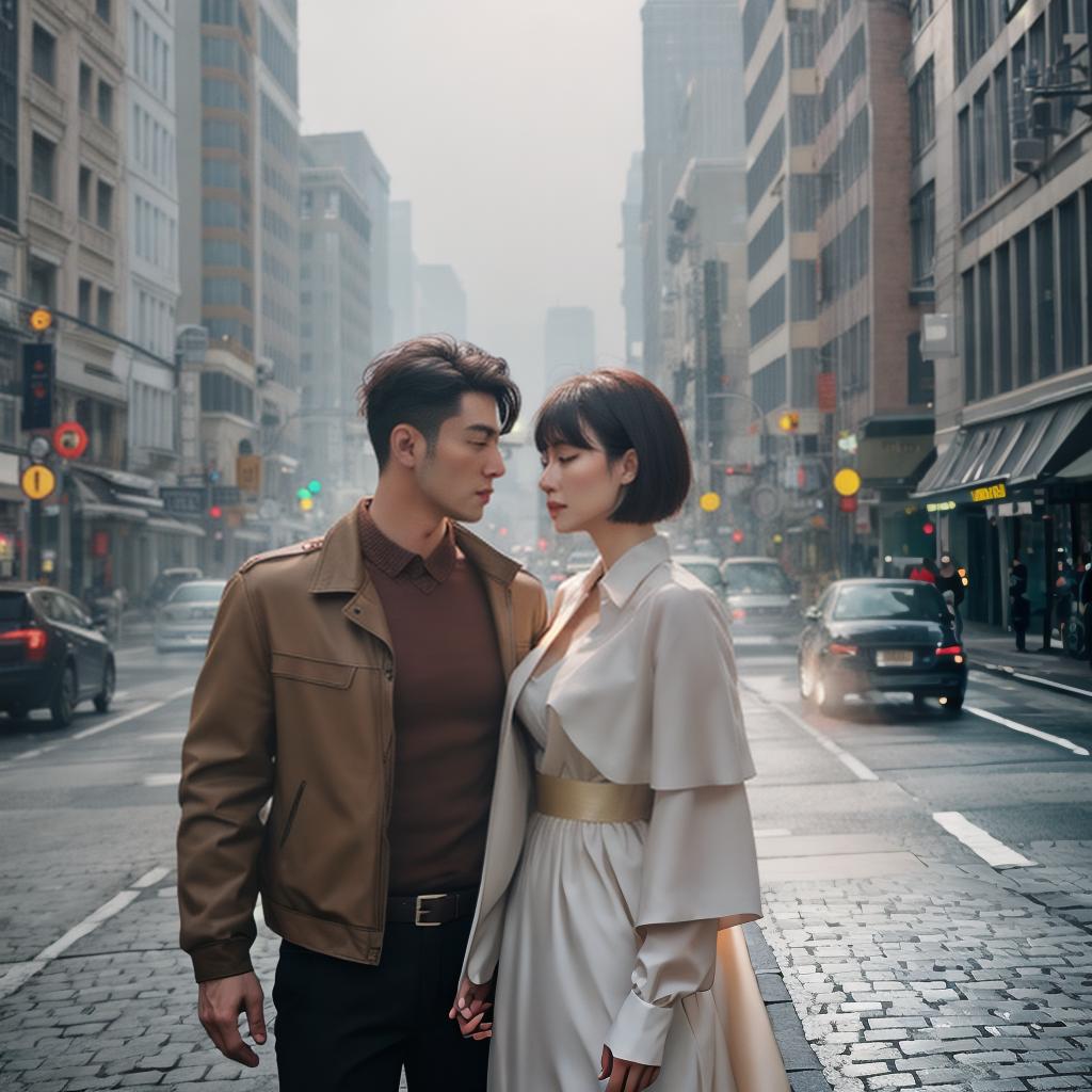  A beautiful girl short hair with his boyfriend hyperrealistic, full body, detailed clothing, highly detailed, cinematic lighting, stunningly beautiful, intricate, sharp focus, f/1. 8, 85mm, (centered image composition), (professionally color graded), ((bright soft diffused light)), volumetric fog, trending on instagram, trending on tumblr, HDR 4K, 8K