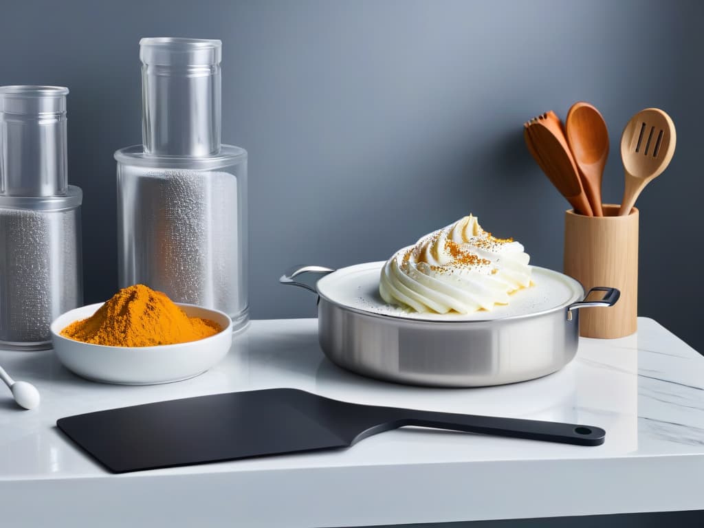  An ultradetailed image of a pristine white marble countertop showcasing an array of sleek, modern stainless steel baking utensils specifically designed for creating the perfect mousse. The utensils, including a whisk, spatula, measuring cups, and a sifter, are elegantly arranged with precision, catching the light in a way that highlights their flawless design and craftsmanship. The minimalist aesthetic of the image conveys a sense of professionalism and sophistication, perfectly complementing the informative tone of the article. hyperrealistic, full body, detailed clothing, highly detailed, cinematic lighting, stunningly beautiful, intricate, sharp focus, f/1. 8, 85mm, (centered image composition), (professionally color graded), ((bright soft diffused light)), volumetric fog, trending on instagram, trending on tumblr, HDR 4K, 8K