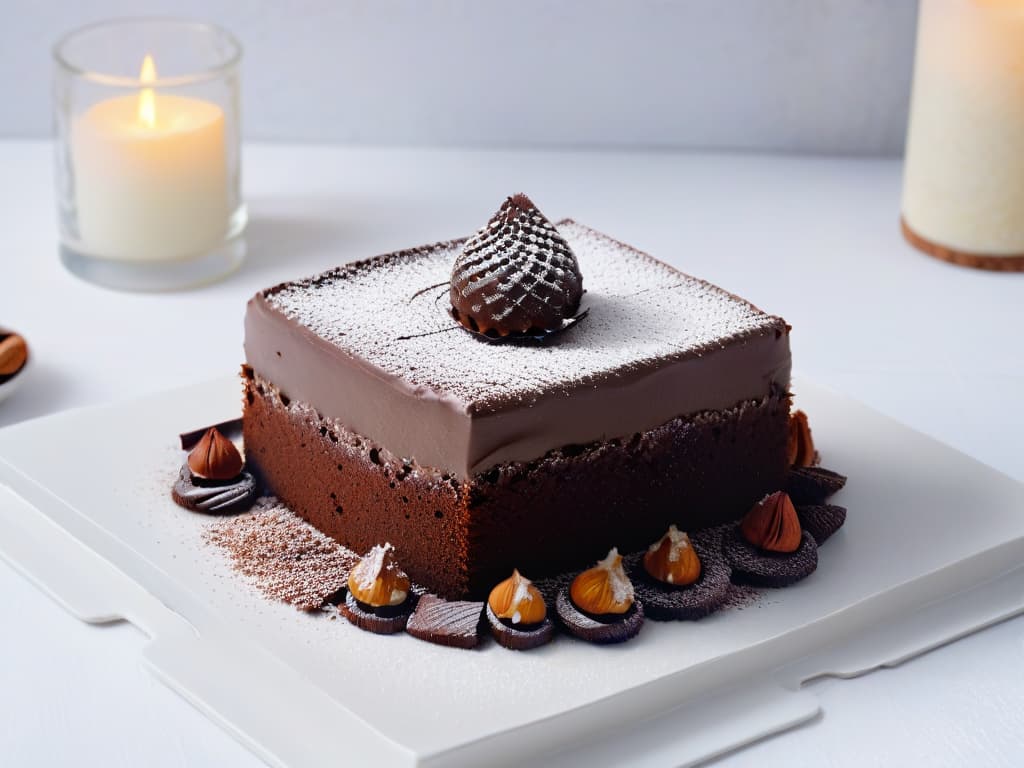  A minimalist image featuring a decadent slice of chocolate hazelnut cake on a sleek, modern plate. The cake is elegantly garnished with a dusting of cocoa powder and a scattering of toasted hazelnuts, set against a clean, white backdrop to emphasize its sophistication and simplicity. The lighting is soft and natural, highlighting the rich textures and inviting presentation of the dessert. hyperrealistic, full body, detailed clothing, highly detailed, cinematic lighting, stunningly beautiful, intricate, sharp focus, f/1. 8, 85mm, (centered image composition), (professionally color graded), ((bright soft diffused light)), volumetric fog, trending on instagram, trending on tumblr, HDR 4K, 8K