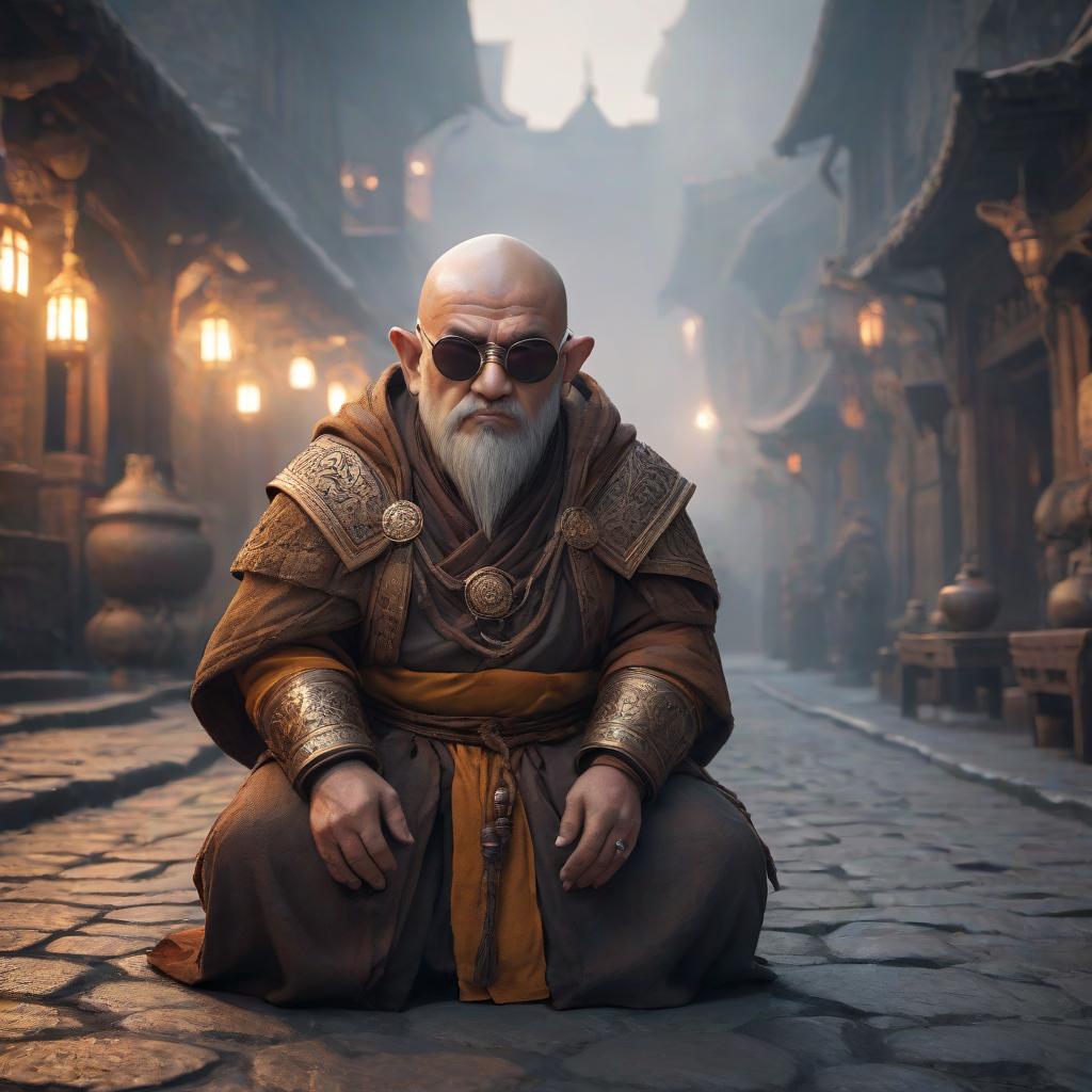  Born blind, a dwarf monk with bandages on his eyes. hyperrealistic, full body, detailed clothing, highly detailed, cinematic lighting, stunningly beautiful, intricate, sharp focus, f/1. 8, 85mm, (centered image composition), (professionally color graded), ((bright soft diffused light)), volumetric fog, trending on instagram, trending on tumblr, HDR 4K, 8K