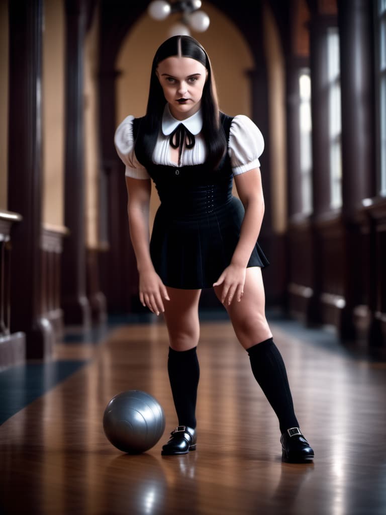  cinematic film still Muscular girl as wednesday addams bearhugs a ball, ball squashed, strength demonstration, barefoot, full body shot, 8k, high quality . shallow depth of field, vignette, highly detailed, high budget, bokeh, cinemascope, moody, epic, gorgeous, film grain, grainy