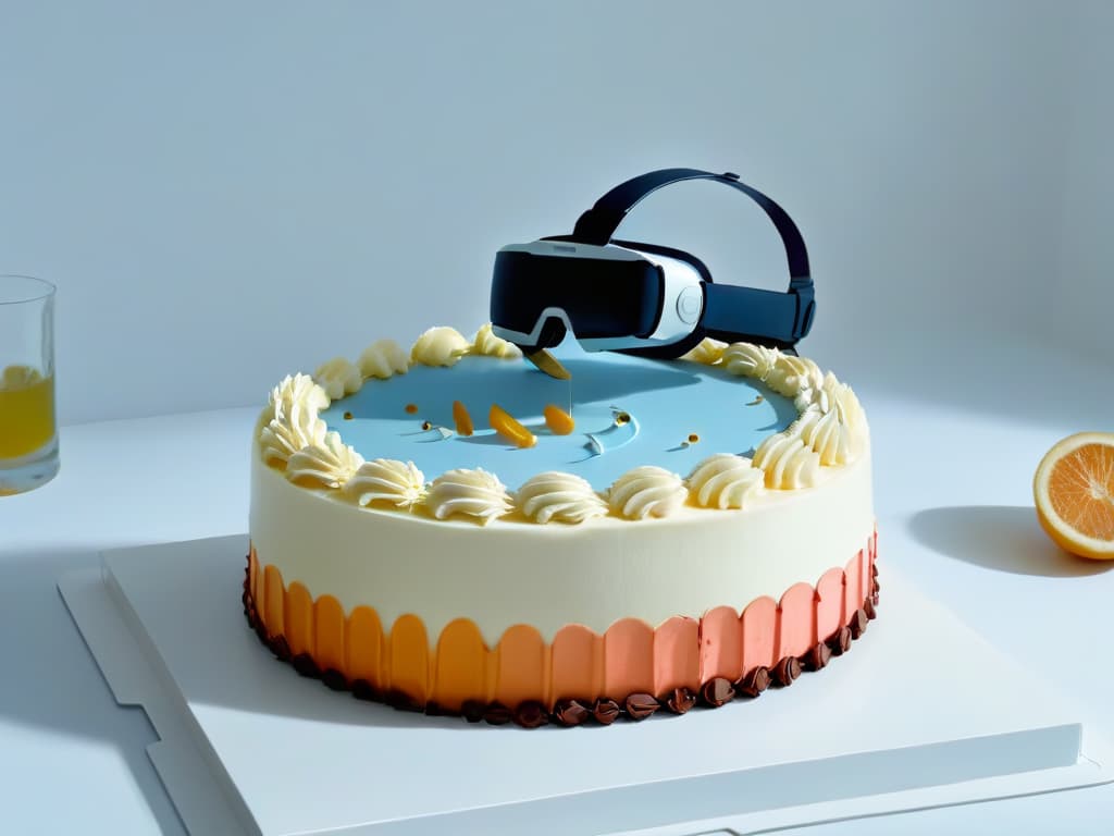  A highresolution, minimalist image of a sleek, futuristic augmented reality headset hovering above an intricate, delicately decorated cake on a pristine white countertop. The headset emits a soft, ethereal glow, casting a subtle light on the cake, highlighting its intricate details and vibrant colors. The scene conveys a sense of innovation and sophistication, perfectly capturing the harmonious blend of technology and culinary artistry in the realm of augmented realityenhanced cooking techniques. hyperrealistic, full body, detailed clothing, highly detailed, cinematic lighting, stunningly beautiful, intricate, sharp focus, f/1. 8, 85mm, (centered image composition), (professionally color graded), ((bright soft diffused light)), volumetric fog, trending on instagram, trending on tumblr, HDR 4K, 8K