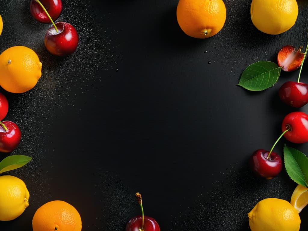  An ultradetailed closeup image of a variety of vibrant, glossy fruits like cherries, oranges, and lemons, meticulously arranged in a symmetrical pattern on a sleek, matte black surface. The fruits are perfectly sliced to showcase their intricate details, with droplets of syrup elegantly glistening on their surfaces, creating a visually striking contrast. The lighting is soft yet focused, enhancing the natural colors and textures of the fruits while casting subtle shadows, evoking a sense of luxury and quality. hyperrealistic, full body, detailed clothing, highly detailed, cinematic lighting, stunningly beautiful, intricate, sharp focus, f/1. 8, 85mm, (centered image composition), (professionally color graded), ((bright soft diffused light)), volumetric fog, trending on instagram, trending on tumblr, HDR 4K, 8K