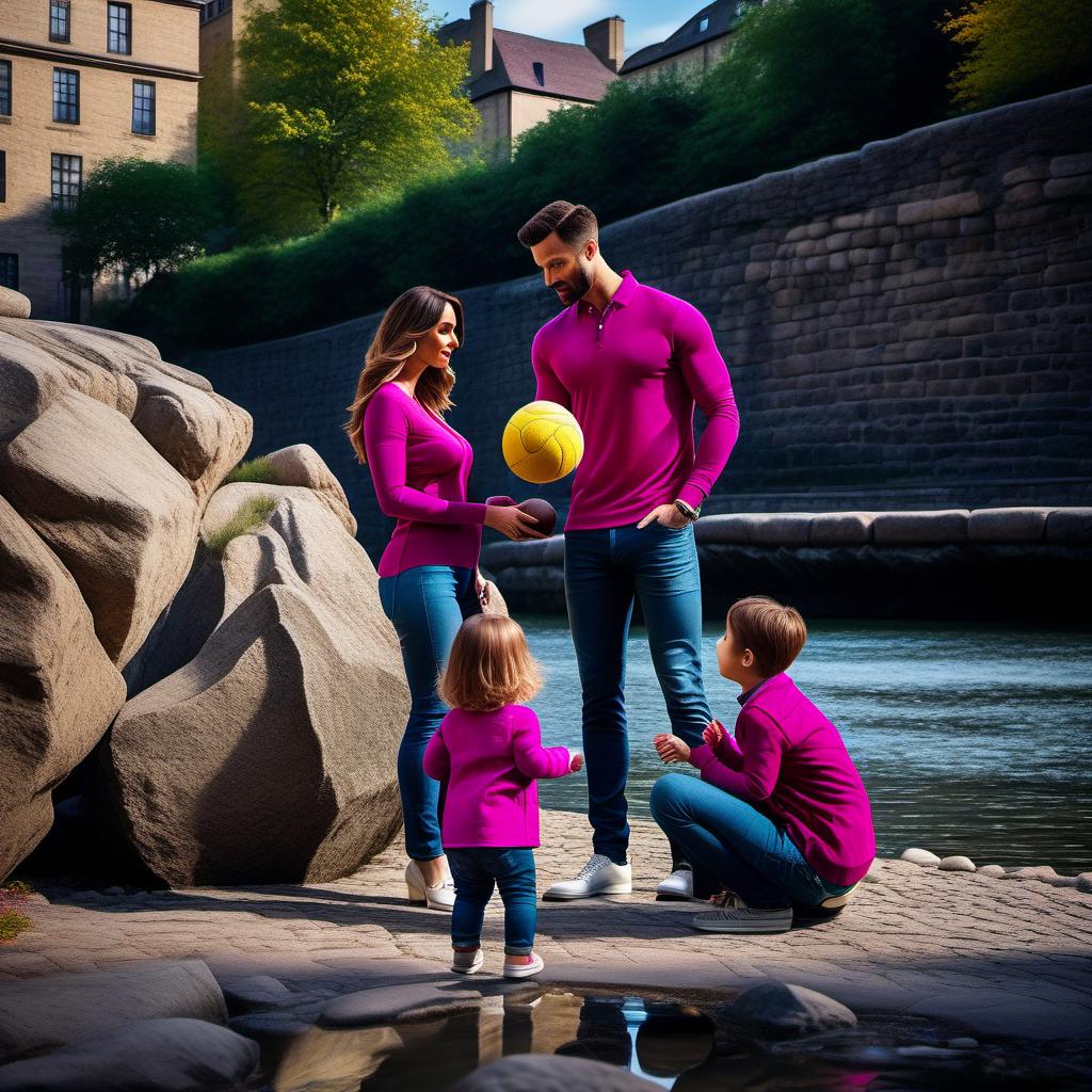  Photo realistic image in HD. A young family playing with a ball in front of a stone embankment in the city. The family consists of a mom, a dad, a son, and a daughter. They are dressed in fuschia, yellow, and blue jeans. hyperrealistic, full body, detailed clothing, highly detailed, cinematic lighting, stunningly beautiful, intricate, sharp focus, f/1. 8, 85mm, (centered image composition), (professionally color graded), ((bright soft diffused light)), volumetric fog, trending on instagram, trending on tumblr, HDR 4K, 8K