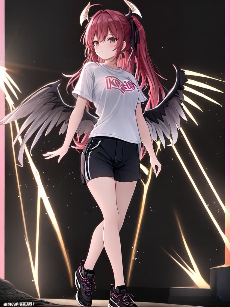  90s inspired T shirt shop logo demon masterpiece 1girl angel wings full body best quality detailed clothing highly detailed cinematic lighting 85mm