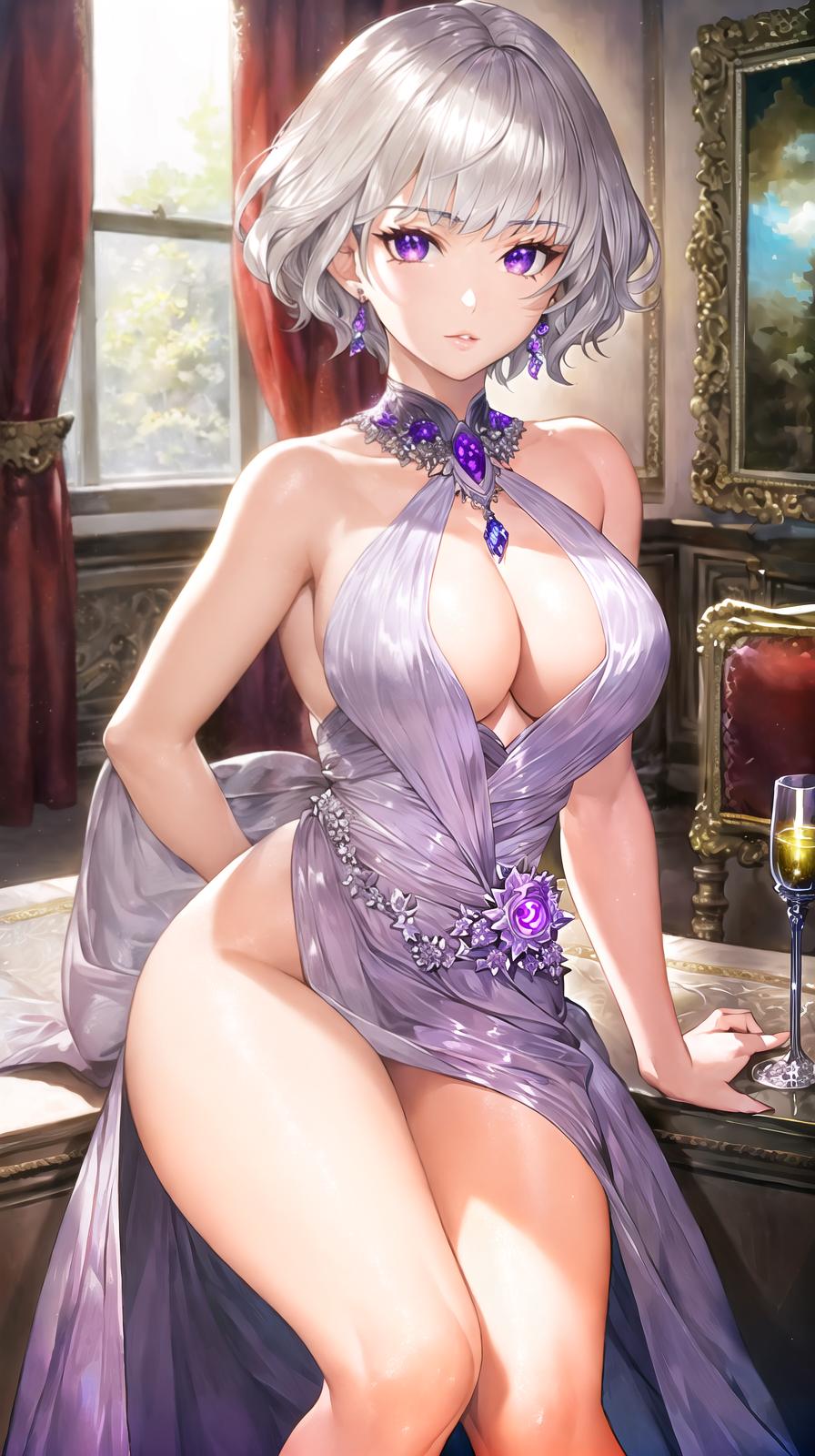  master piece , best quality,Marquise with short silver hair and purple eyes