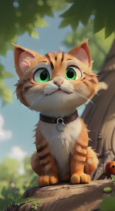  {Whiskers standing at the base of a tall oak tree looking up with curiosity., A small, fluffy orange cat named Whiskers, with bright green eyes and a playful expression. The neighbors are kind and friendly looking people of all ages.