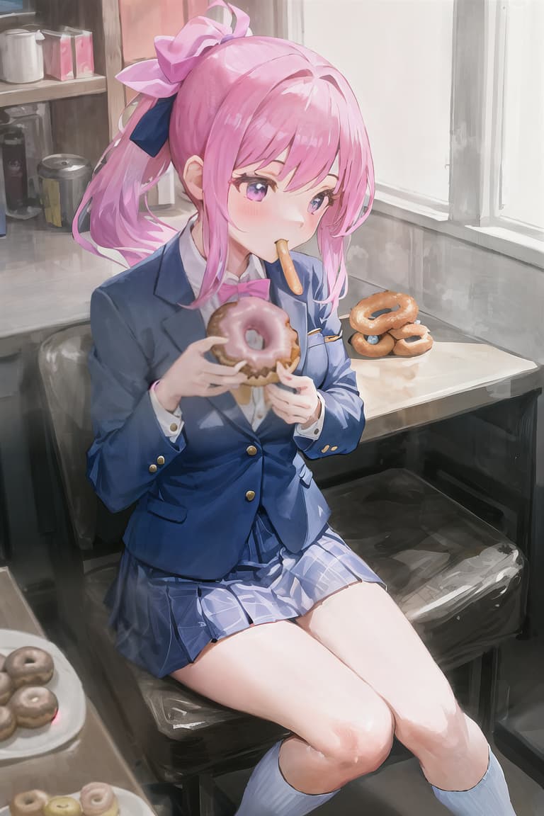  master piece , best quality,High school girl, ponytail, blue blazer, pink ribbon, eating donut