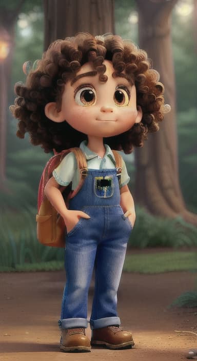  {The tree shining brightly and releasing a gentle, magical light., Riley, a curious with big brown eyes and curly hair, wearing overalls and carrying a small backpack. Their friend, Skye, a bluebird with shiny feathers.