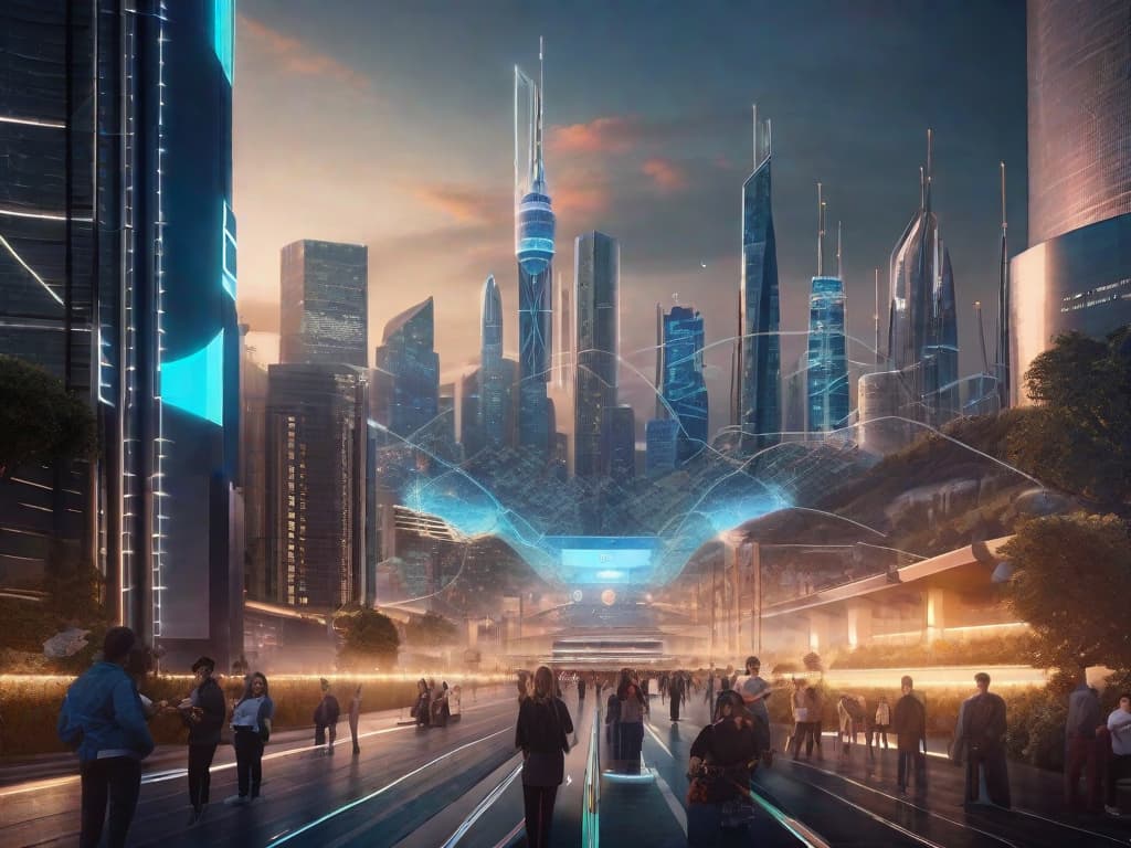  A futuristic city skyline with glowing, interconnected data nodes and AI algorithms processing information in the foreground. The image captures the seamless integration of technology and innovation, reflecting Microsoft's commitment to investing in cutting-edge AI solutions. digital art, ilustration, no flares, clean hyperrealistic, full body, detailed clothing, highly detailed, cinematic lighting, stunningly beautiful, intricate, sharp focus, f/1. 8, 85mm, (centered image composition), (professionally color graded), ((bright soft diffused light)), volumetric fog, trending on instagram, trending on tumblr, HDR 4K, 8K