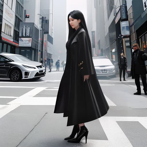  A woman with long hair and a black jacket is looking at the camera. Apply the Following Styles Japonisme hyperrealistic, full body, detailed clothing, highly detailed, cinematic lighting, stunningly beautiful, intricate, sharp focus, f/1. 8, 85mm, (centered image composition), (professionally color graded), ((bright soft diffused light)), volumetric fog, trending on instagram, trending on tumblr, HDR 4K, 8K