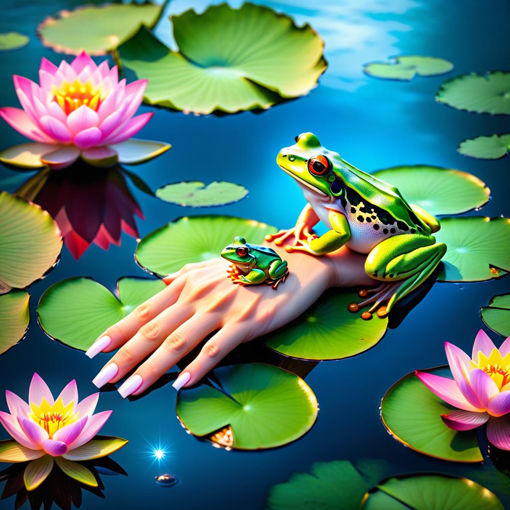  ethereal fantasy concept art of (Background): a lake with blooming lotuses of different shades: from white pink to bright crimson and leaves of tender green colour. The sky above the lake of dark blue colour with golden stars scattered on it. (Fantasy Princess Frog): in the centre of the lake on the biggest lotus flower sits a charming frog in a golden crown decorated with blue and blue precious stones. In his paws he holds a ring decorated with blue stones. Style: fantasy, Russian fairy tales, illustrations. . magnificent, celestial, ethereal, painterly, epic, majestic, magical, fantasy art, cover art, dreamy hyperrealistic, full body, detailed clothing, highly detailed, cinematic lighting, stunningly beautiful, intricate, sharp focus, f/1. 8, 85mm, (centered image composition), (professionally color graded), ((bright soft diffused light)), volumetric fog, trending on instagram, trending on tumblr, HDR 4K, 8K