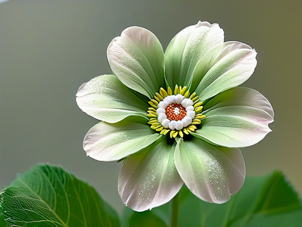  An ultradetailed closeup image of a delicate sugar flower crafted by Ron BenIsrael, showcasing intricate details and expert craftsmanship in shades of pastel pink, white, and green. The petals glisten with a subtle dusting of edible glitter, while the center of the flower features tiny, lifelike stamens and pistils. The background is softly blurred to keep the focus solely on the exquisite sugar creation, highlighting the transformation of simple ingredients into a work of art. hyperrealistic, full body, detailed clothing, highly detailed, cinematic lighting, stunningly beautiful, intricate, sharp focus, f/1. 8, 85mm, (centered image composition), (professionally color graded), ((bright soft diffused light)), volumetric fog, trending on instagram, trending on tumblr, HDR 4K, 8K