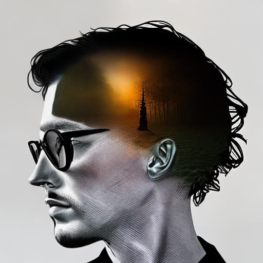 dublex style b&w drawing human, wearing glasses. neon lighting, multicolor nature inside the human