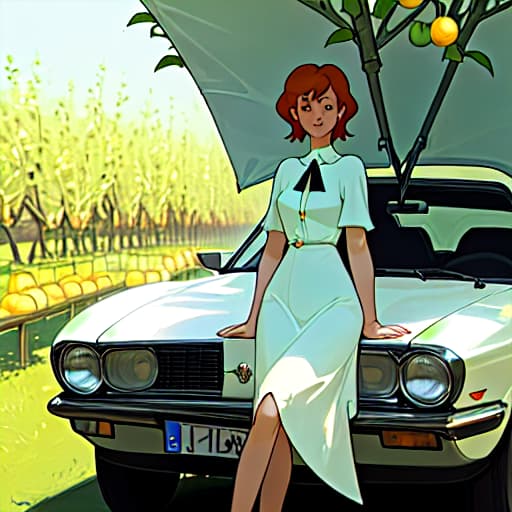  one lady with the car in the orchard