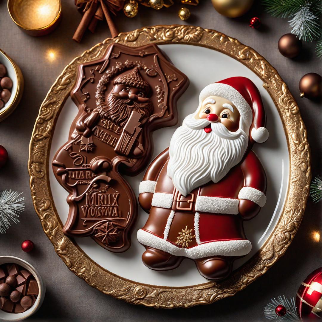  A real life photo of milk chocolate mold Santa's on a Christmas plate hyperrealistic, full body, detailed clothing, highly detailed, cinematic lighting, stunningly beautiful, intricate, sharp focus, f/1. 8, 85mm, (centered image composition), (professionally color graded), ((bright soft diffused light)), volumetric fog, trending on instagram, trending on tumblr, HDR 4K, 8K