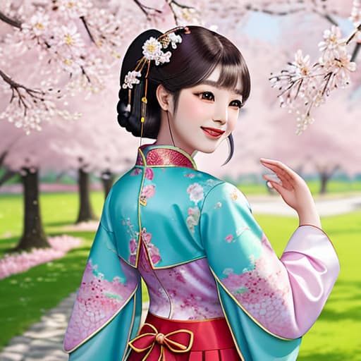  Under the cherry tree, petals fluttering, Chinese ancient costume beauty, turn around and smile,