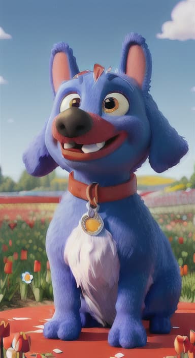  {The red ball nestled in a bed of colorful flowers like daisies and tulips, The big blue dog is large with sky blue fur, big round eyes, a black nose, and floppy ears.