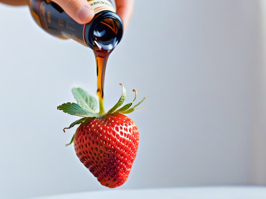  A closeup, ultradetailed image of a single droplet of rich, dark balsamic vinegar being delicately poured from a sleek, modern glass bottle onto a perfectly ripe, glossy strawberry. The focus is crystal clear, capturing the intricate textures of the fruit and the viscosity of the vinegar, highlighted against a simple, clean backdrop to emphasize the purity and elegance of the ingredients. hyperrealistic, full body, detailed clothing, highly detailed, cinematic lighting, stunningly beautiful, intricate, sharp focus, f/1. 8, 85mm, (centered image composition), (professionally color graded), ((bright soft diffused light)), volumetric fog, trending on instagram, trending on tumblr, HDR 4K, 8K