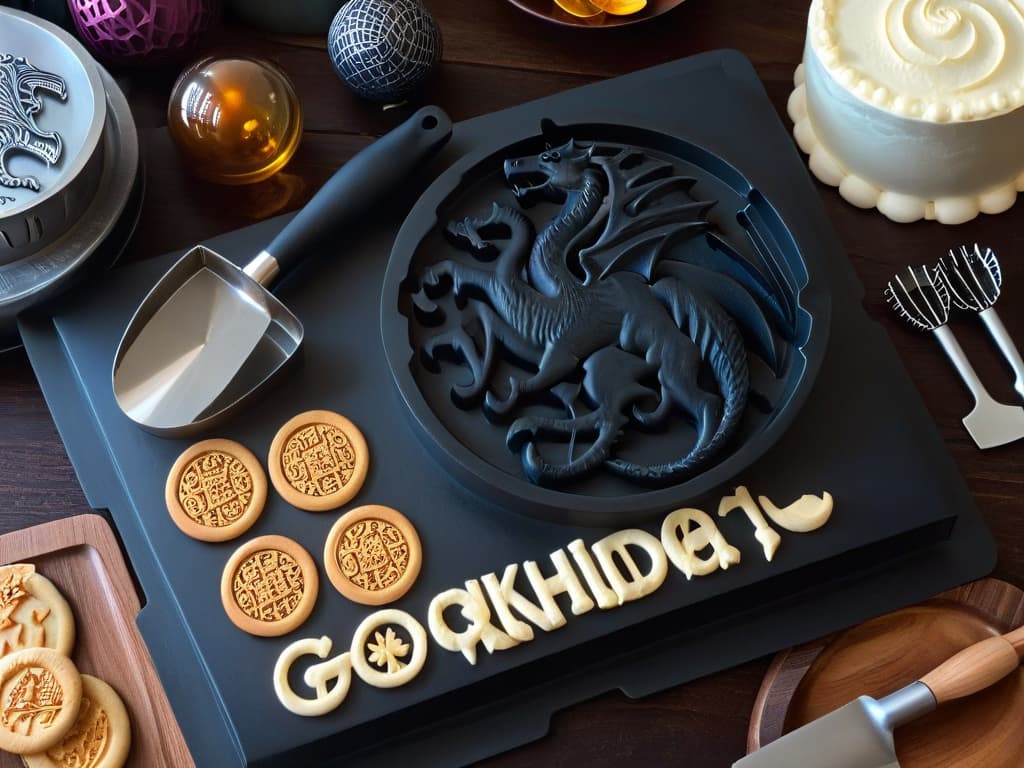  A minimalistic image featuring a dark wooden table adorned with intricately designed Game of Thronesthemed cookie cutters, cake molds, and baking tools. The tools are arranged neatly, casting soft shadows on the table surface, with a subtle hint of dragon scales in the background. The craftsmanship of each utensil is highlighted through the play of light and shadow, evoking a sense of regality and intricate detail suitable for hosting a grand feast in the style of Westeros. hyperrealistic, full body, detailed clothing, highly detailed, cinematic lighting, stunningly beautiful, intricate, sharp focus, f/1. 8, 85mm, (centered image composition), (professionally color graded), ((bright soft diffused light)), volumetric fog, trending on instagram, trending on tumblr, HDR 4K, 8K