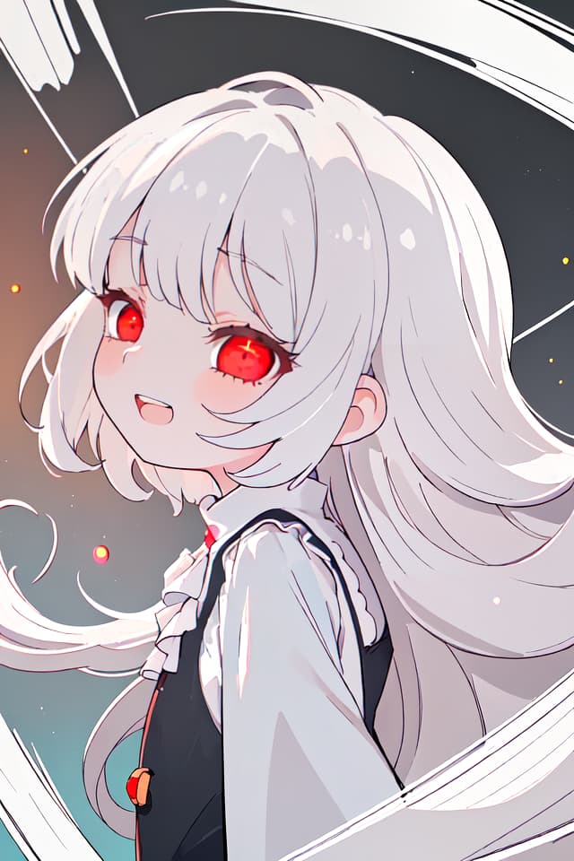  ultra detailed:1.2masterpiece:1.2,best quality,masterpiece,bestquality,hdr:1.1,8k:1.1,very cute girl:1.3,white hair:1.3,very long hair,volume hair:0.7,flare hair:1.2,curly hair:1.4,red eyes,bad mood:1.3,sleepy eyes:1.2,dot open mouth:1.3,upper body:1.3,dutch angle,half closed eyes:1.8,sulking:1.6,bored:1.3,upper body:1.1,from side,from above ,grin:0.6,looking viewer