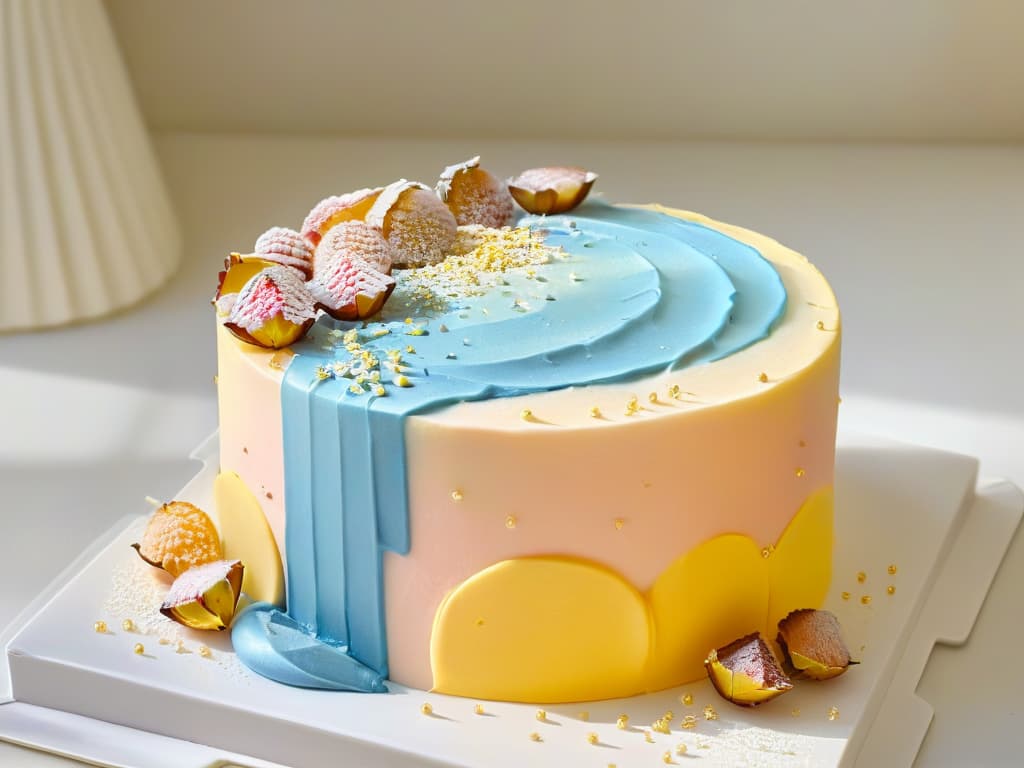  A closeup, ultradetailed image of a delicate, intricately designed pastry with vibrant layers of colorful frosting in shades of pastel pink, blue, and yellow. The frosting is perfectly smooth, with tiny edible gold flakes delicately sprinkled on top, reflecting the light in a mesmerizing way. The pastry sits on a sleek, modern plate against a simple, monochromatic background, emphasizing its artistic and aesthetically pleasing presentation. hyperrealistic, full body, detailed clothing, highly detailed, cinematic lighting, stunningly beautiful, intricate, sharp focus, f/1. 8, 85mm, (centered image composition), (professionally color graded), ((bright soft diffused light)), volumetric fog, trending on instagram, trending on tumblr, HDR 4K, 8K