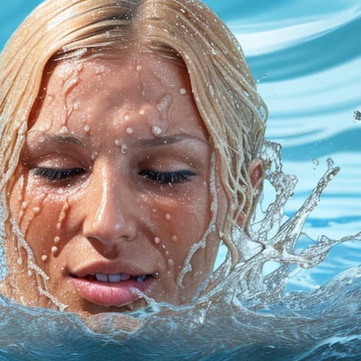  tanned blonde woman's face sinking in the water she's panic a lot of water waves and splashes around her